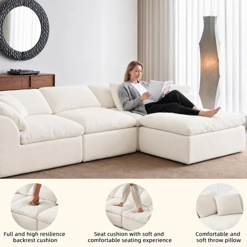Vista 9 de Sofá seccional de nube sin hueso de 110 pulgadas para sala de estar, sofá modular en forma de L de gran tamaño con otomana, sofá seccional de Blanco