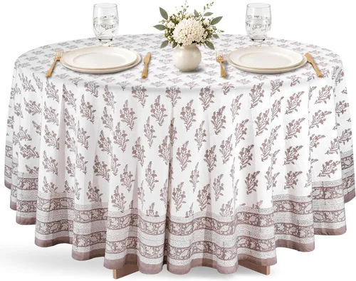 Vista 36 de Ridhi Mantel redondo estampado a mano color rosa flamenco 120 pulgadas 100%