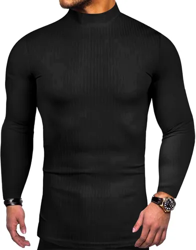 Vista 3 de Suéter de manga larga para hombre, cuello alto, acanalado, color sólido, básico, ajustado, ligero
