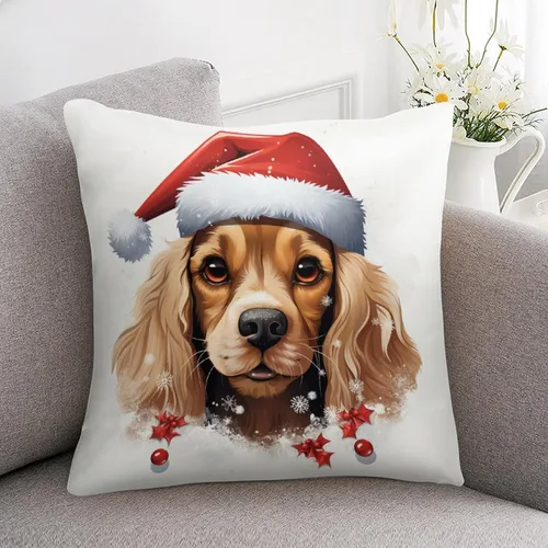Vista 7 de Divertidas fundas de almohada de satén de Navidad con diseño de perro y cocker spaniel con gorro de Papá Noel, copos de nieve, decoración
