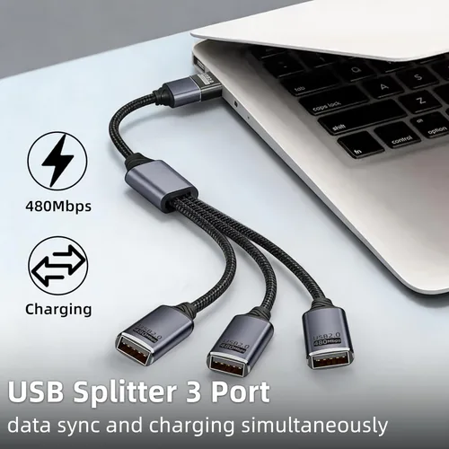 Vista 2 de Divisor USB 1 en 3 salidas, cable divisor USB, adaptador de doble puerto para carga, alimentación y datos, 3 puertos HUB para laptop, PC, Smart TV
