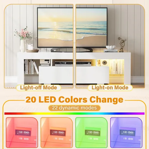 Vista 3 de YESHOMY Moderno soporte de TV LED para sala de estar con estantes de vidrio y cajón, centro de entretenimiento para dormitorio con múltiples modos