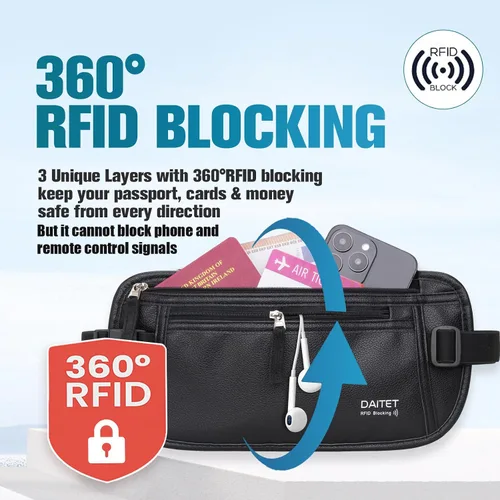 Vista 20 de DAITET Cinturón de dinero, soporte para pasaporte, cartera de viaje oculta segura con bloqueo RFID, riñonera encubierta (negro), Negro, Rfid