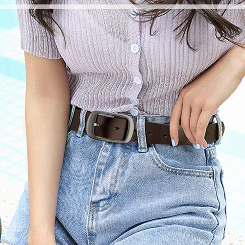 Vista 6 de Paquete de 2 Cinturón para mujer, cuero de vaca de moda con hebilla de pin para pantalones de mezclilla