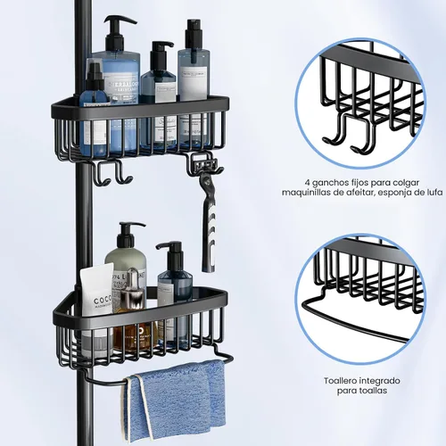 Vista 4 de Organizador de Ducha de Esquina con Barra de Tensión: Organizador Ajustable a Prueba de Óxido de 4 Niveles para el Interior del Baño - 120-307 cm