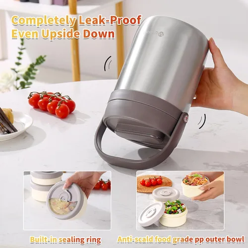 Vista 3 de Lonchera para adultos con vacío, termo para sopa con insertos, lonchera bento apilable, contenedor de almacenamiento, boca ancha, de acero