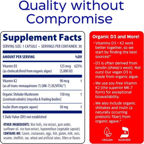 Vista 6 de Enzymedica Vitamina D3 K2, 5000 UI Vegan D3 + 90 mcg MK-7, suplemento a base de plantas con hongos shiitake y fibra prebiótica para apoyo óseo e
