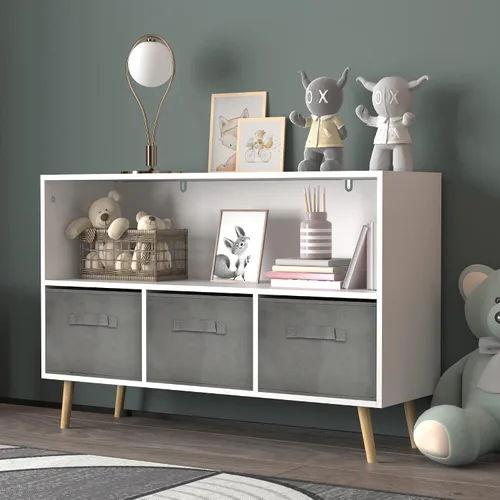 Vista 3 de Estantería para niños con 3 cajones de tela plegables y estantes abiertos, armario de almacenamiento moderno de madera, armario de almacenamiento