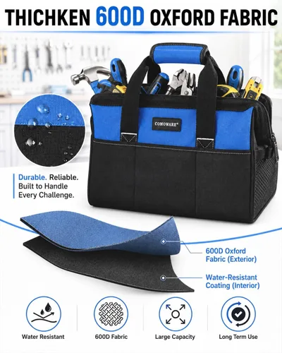 Vista 4 de COMOWARE 13-Inch Tool Bag, Zip-top Wide Mouth Open top Tool Bag, Large Capacity Tool Organizer with Inside Pockets, Blue Tool Tote Bag for