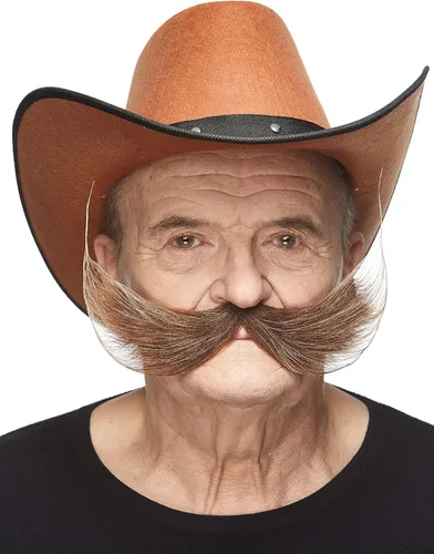 Vista 2 de Mustaches Bigote falso de pescador autoadhesivo, novedad, pelo facial falso, accesorio de disfraz para adultos, color marrón y gris