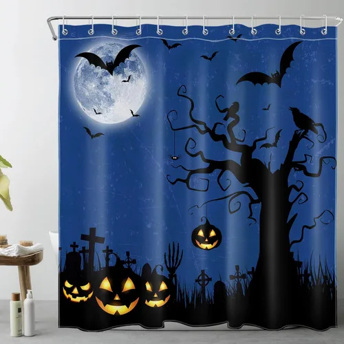 Vista 13 de EOBTAIN Cortina de ducha de cielo nocturno azul de Halloween para baño, espeluznante calabaza y murciélago en árbol muerto en cementerio aterrador