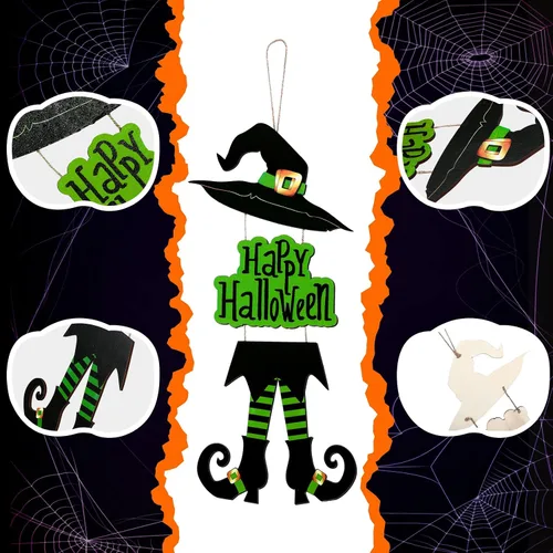 Vista 2 de Yerliker Decoración de letrero de Halloween con patas de bruja, sombrero de madera para colgar, decoración de pared de madera, versión rústica