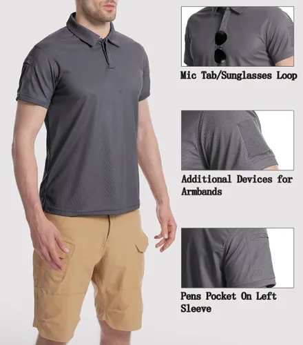 Vista 5 de YAXHWIV Polo para hombre, camiseta táctica para hombre, manga corta, absorbe la humedad, camiseta de tenis de golf
