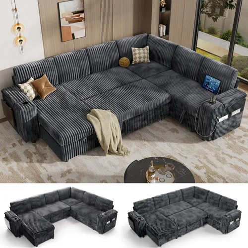 Vista 13 de Vipbear Sofá cama modular de 86 pulgadas con cama extraíble, sofá en forma de L de pana de felpa de 3 asientos con diván de almacenamiento, puertos