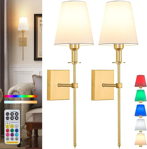Vista 7 de Juego de 2 apliques de pared a pilas, para interiores, sin cableado, apliques de pared inalámbricos recargables con control remoto regulable