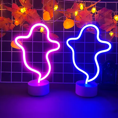 Vista 8 de Señal de neón fantasma de Halloween con base, señal de luz LED, lámpara en forma de fantasma alimentada por batería o USB para decoración de fiesta