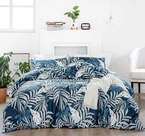 Vista 7 de YuHeGuoJi Juego de funda de edredón de plantas azules, tamaño Queen, 100% algodón, 3 piezas, 1 funda de edredón botánica azul marino con lazos