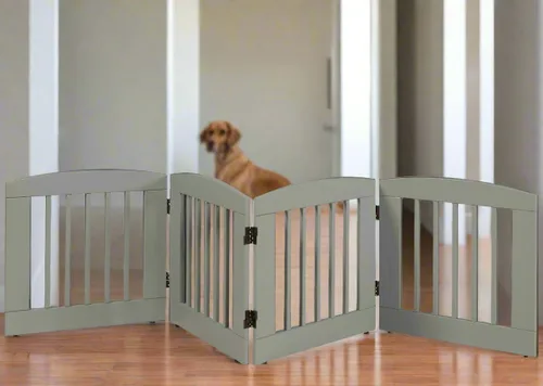 Vista 4 de BarkWood - Puerta independiente de madera para mascotas, expansión de 4 paneles, tamaño mediano, 24 pulgadas de alto, acabado gris