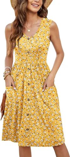 Vista 52 de MOLERANI Vestido de verano para mujer, sin mangas, estilo casual, suelto, con vuelo, botones, midi, con bolsillos 01-beja Blue