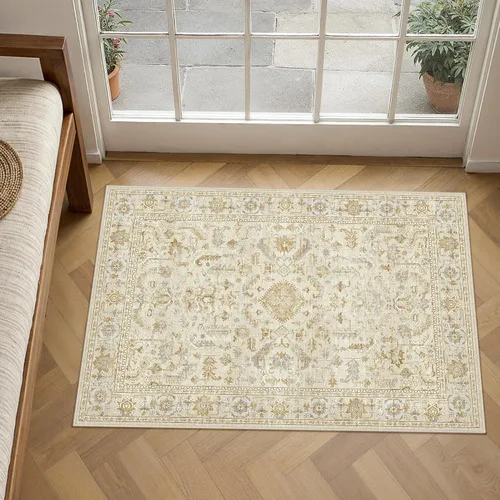 Vista 123 de PureCozy Alfombra de área beige de 2 x 3 pulgadas, lavable, vintage, pequeña, para entrada, cocina, suave, retro, floral, de pelo bajo, tapete