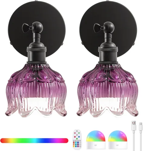 Vista 10 de Vintage Battery Operated Wall Sconces - 5000mAh Rechargeable Dimmable Wireless Lights with Remote Control - Set of 2 Green Flower Glass Powered