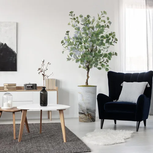 Vista 10 de Árbol artificial en macetero con efecto de granito moderno, palmera tropical areca artificial de seda para decoración del hogar en interiores