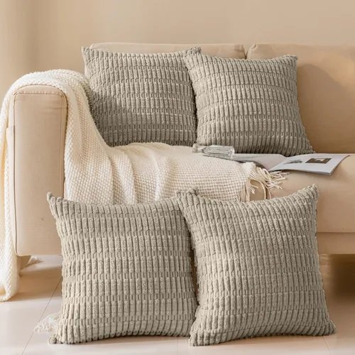 Vista 8 de Juego de 4 fundas de almohada decorativas de pana de 16 x 16 pulgadas, beige y verde Fundas de almohada suaves a rayas estilo bohemio moderno