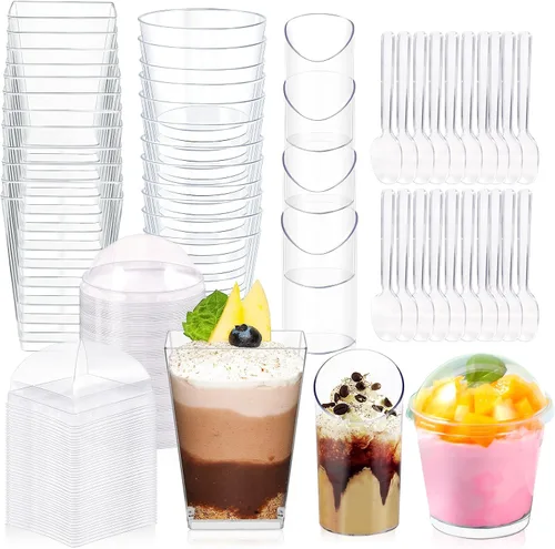 Vista 9 de Paquete de 360 tazas de postre de 5 onzas y 6 onzas con tapas y cucharas, 3 estilos de vasos de plástico transparente para aperitivos, desechables