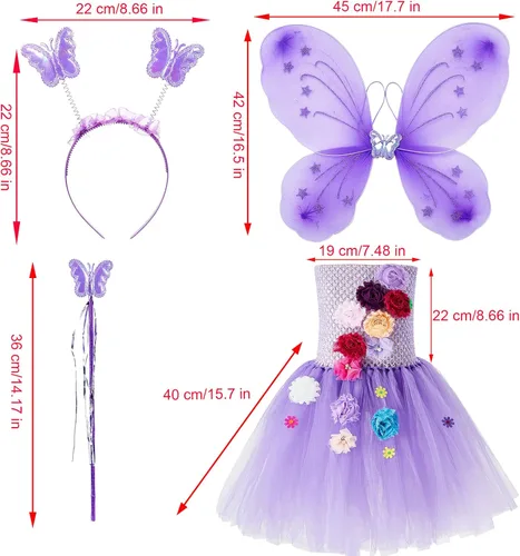 Vista 7 de Disfraz de hada de princesa tutú para niñas vestido de alas de mariposa de hada disfraz de cosplay de 4 piezas para Halloween y Navidad