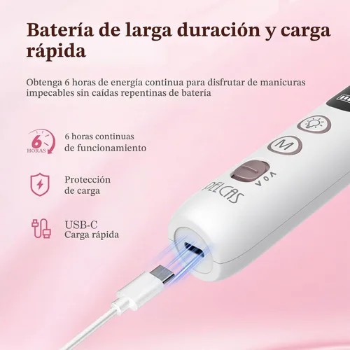 Vista 5 de PELCAS - Lima eléctrica de uñas, taladro de uñas inalámbrico de 10 velocidades con luz LED Blanco