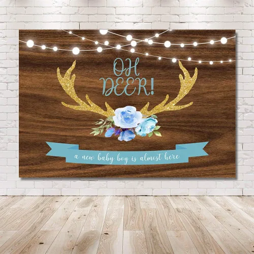 Vista 6 de MEHOFOND 7 x 5 pies Oh Deer Baby Shower fondo utilería azul floral madera rústica It's A Boy Baby Shower Gold Buck caza luces con purpurina bosque