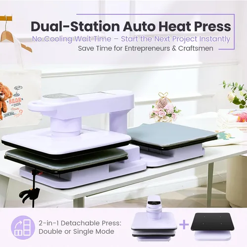 Vista 5 de Whubefy Prensa de Calor Automática Dual de 360° de 15x15 pulgadas con Doble Mesa de Trabajo - Máquina de Prensa Automática para Camisas de Dos