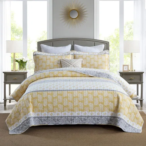 Vista 24 de Edredones Amarillos Tamaño Queen, Juego de Ropa de Cama de Algodón, Edredón Amarillo Gris Blanco, Ropa de Cama Rayada Tamaño Queen, Edredón de Lujo