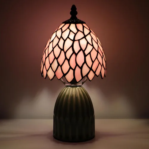 Vista 8 de Tiffany Stained Glass Mushroom Table Lamp 12.5 Inch -Pink Leaf Tiffany Lamp,6X6X12.5 Inch,Small Night Light,Ceramic Base, Mini Accent Light
