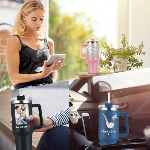 Vista 7 de Vaso personalizado con foto con asa y nombres, imagen personalizada, texto de 40 onzas, tazas de viaje de acero inoxidable con aislamiento