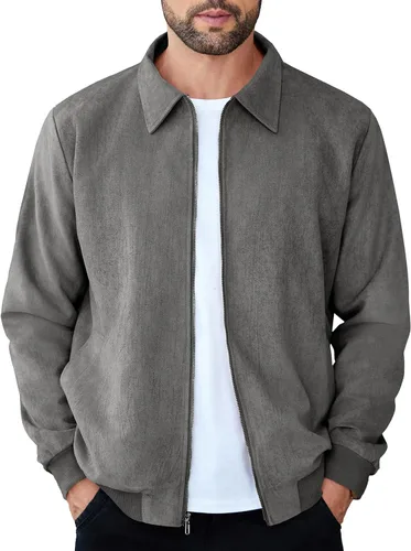Vista 8 de COOFANDY Chaqueta bomber casual de ante para hombre, ligera, con cremallera completa, chaqueta de piel sintética vintage