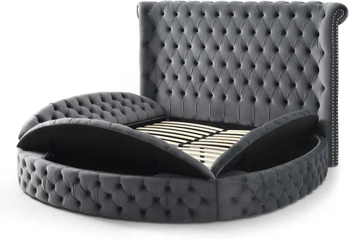 Vista 4 de Better Home Products Elizabeth - Cama Queen redonda de terciopelo de 91 x 101 pulgadas, color gris Negro