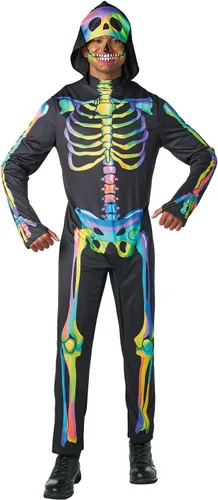 Vista 7 de Seasons Disfraz de esqueleto arcoíris con capucha para hombre, sensible a la luz negra, disfraz de cosplay de Halloween