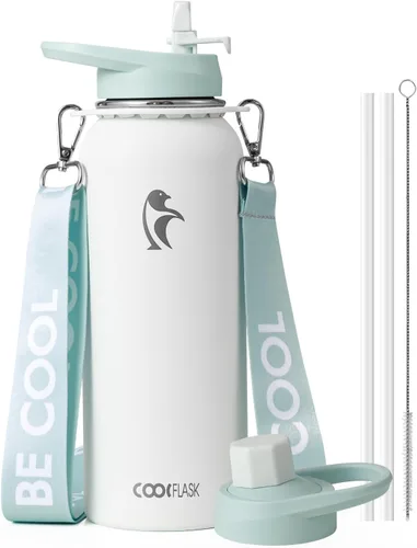 Vista 40 de Botella de agua Coolflask de 40 onzas con correa, botella de agua metálica aislada con popote y tapas con pico, acero inoxidable de doble pared al