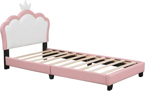 Vista 8 de Bonita cama de princesa tapizada de tamaño individual con cabecera corona, plataforma de piel sintética rosa para niños y niñas, no requiere somier