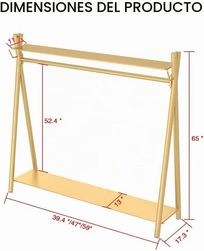 Vista 3 de Perchero industrial dorado independiente con estantes dobles, perchero móvil resistente para organizar ropa y zapatos (47 pulgadas de largo)