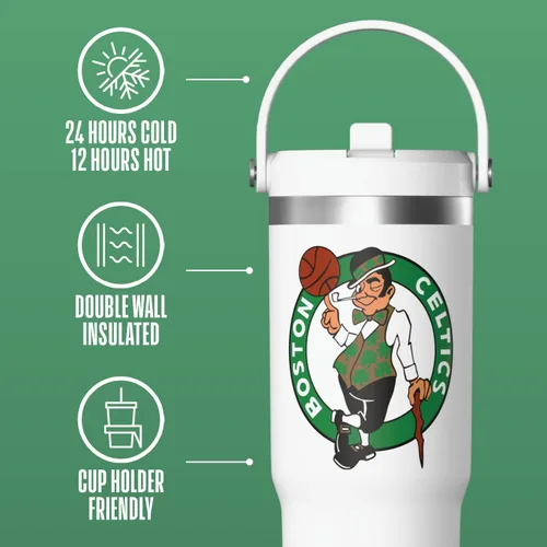 Vista 4 de Hydrapeak Boston Celtics Nomad - Botella de agua aislada de acero inoxidable a prueba de fugas con asa de agarre flexible y tapa de pajilla, edición