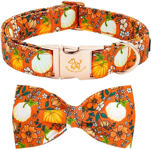 Vista 45 de Elegant little tail - Collar de otoño para mascotas con corbatín, lindo collar de Halloween con estampado de flores y calabaza para cachorros