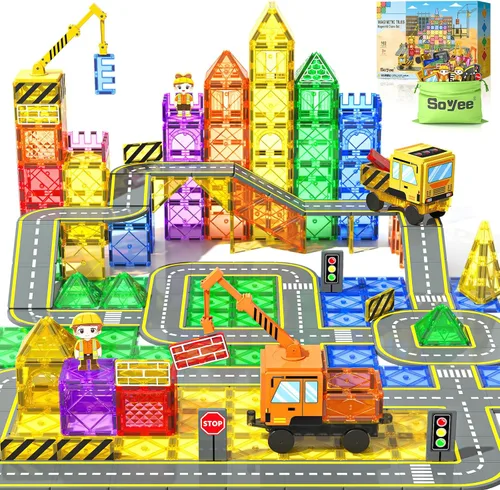 Vista 8 de Magnetic Tiles with 2 Cranes, Magnetic Construction Toys STEM Building Toys