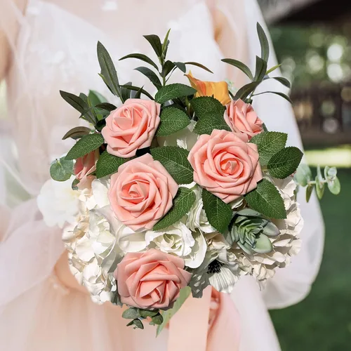 Vista 9 de Winlyn 50 rosas rosas rosas de tacto real con tallos y hojas de seda, flores artificiales a granel para bodas, centros de mesa, arreglos florales