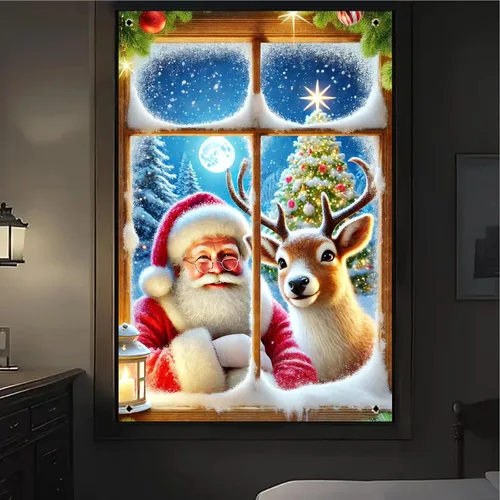 Vista 4 de BlissYard Cubierta de ventana de Navidad de 31 x 47 pulgadas, Papá Noel y reno, escena de nieve de invierno, decoración de vacaciones, fondo festivo