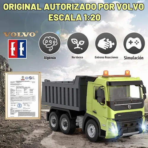 Vista 2 de DOUBLE E Volvo FMX - Camión volquete RC a escala 1:20, función completa (movimiento de 360°/elevación/volteo), antiinterferencias de 2.4 GHz, luces