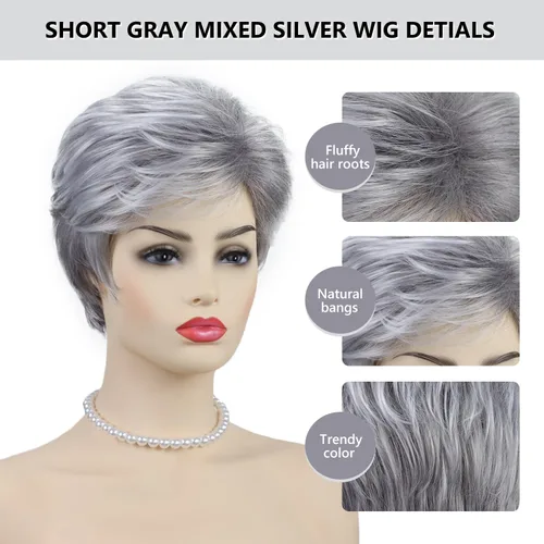 Vista 2 de Pelucas cortas gris plateadas para mujeres blancas, pelucas sintéticas con corte pixie natural y a capas con flequillo, peluca corta de pelo gris