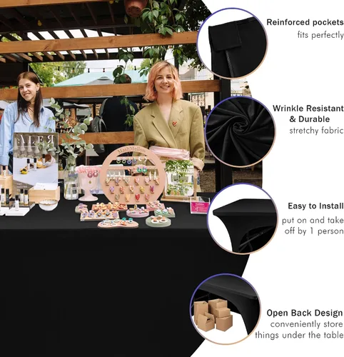Vista 4 de Nasitos Paquete de 2 Manteles Ajustados de Spandex Negro para Mesas de 4 Pies - Cubierta para Mesa Plegable con Respaldo Abierto, Tela Lavable