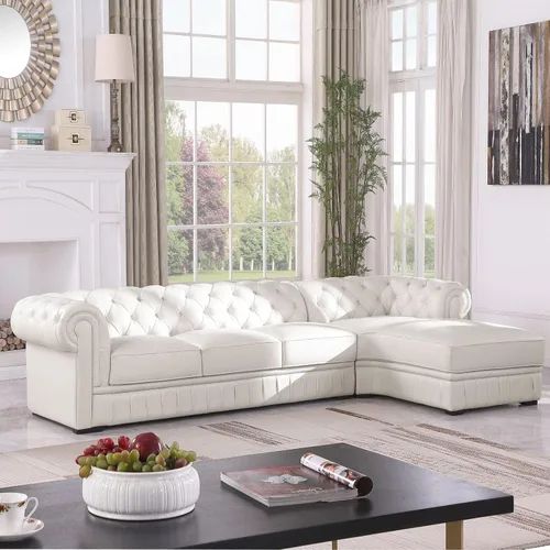 Vista 10 de FUOROLA Sofá modular de cuero genuino, juego de sofá en forma de L de lujo, muebles de sala de estar, sofá Chesterfield con diseño capitonado